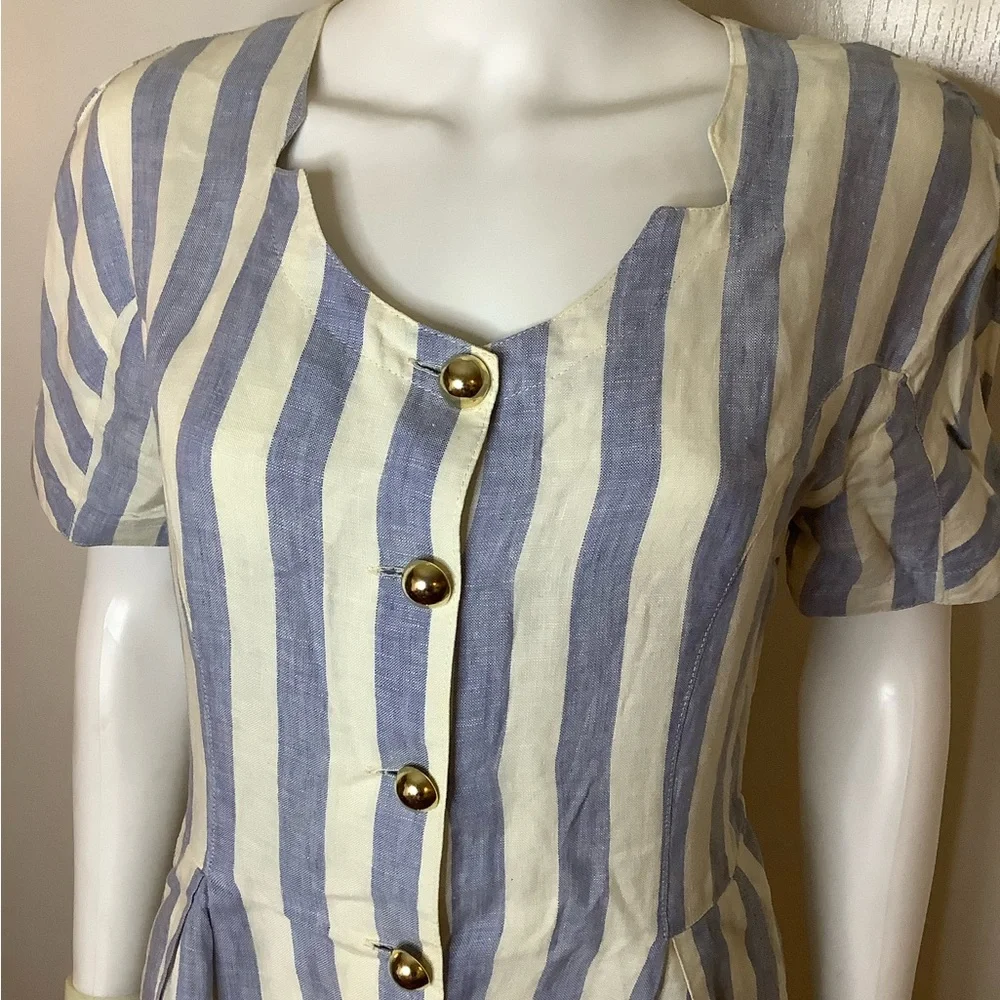 Elegant Linen Chunky Gold Button Blue and White Striped Midi Dress VTG - Picture 4 of 13